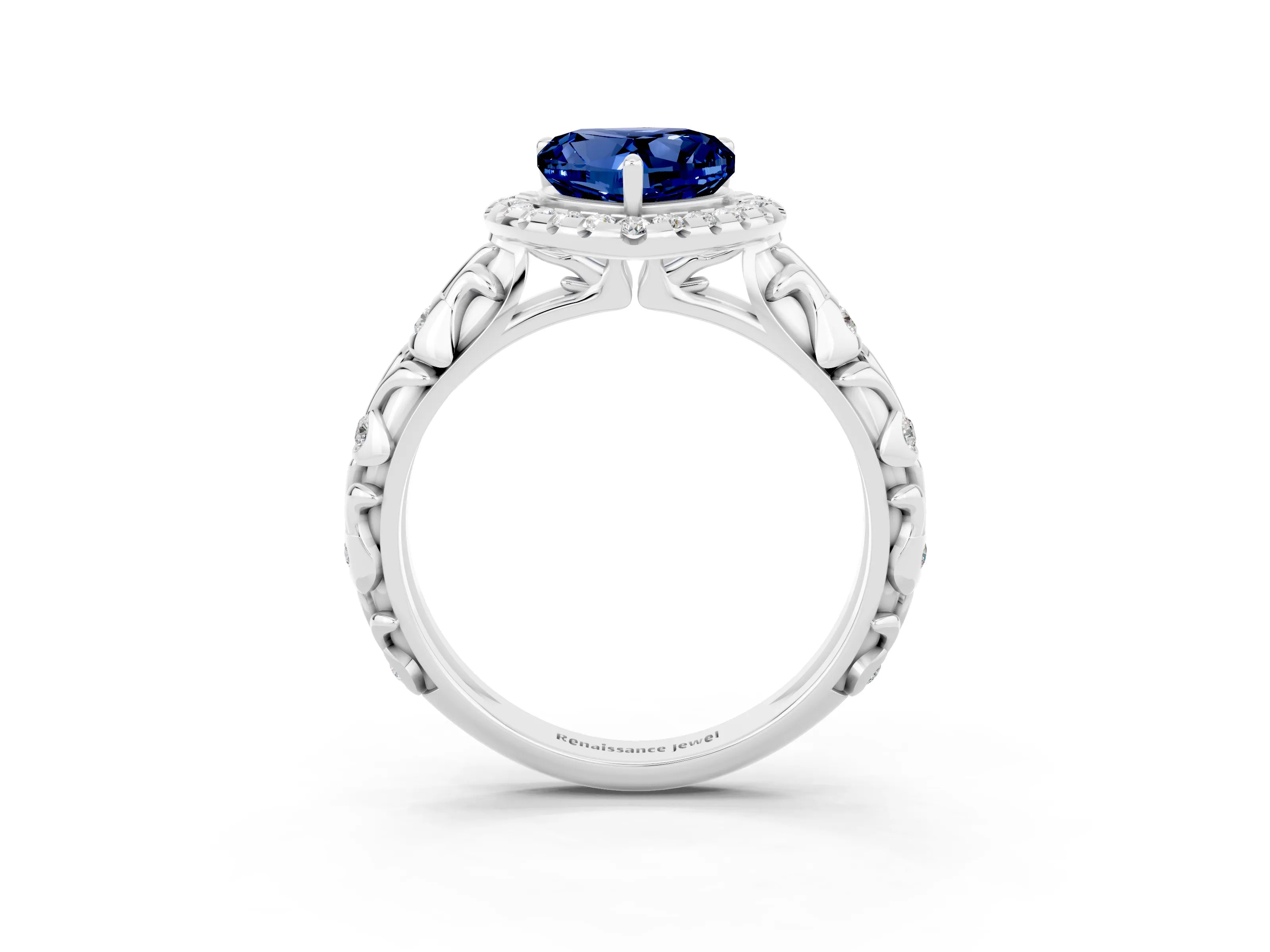 White gold Heart Cut Halo Diamond Solitaire with Filigree Band and Four-Prong Setting_3