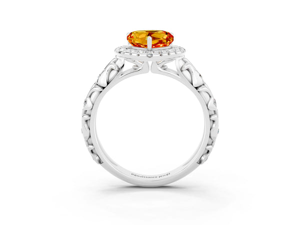 Silver Heart Cut Citrine Halo Ring with Filigree Band and Prong Setting