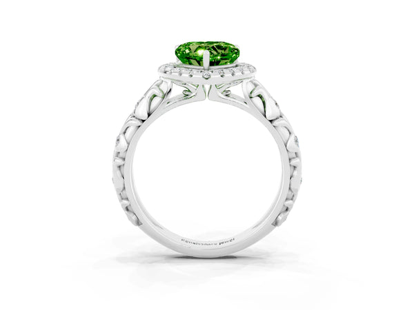 Platinum Heart Cut Peridot Halo Ring with Filigree Band and Prong Setting