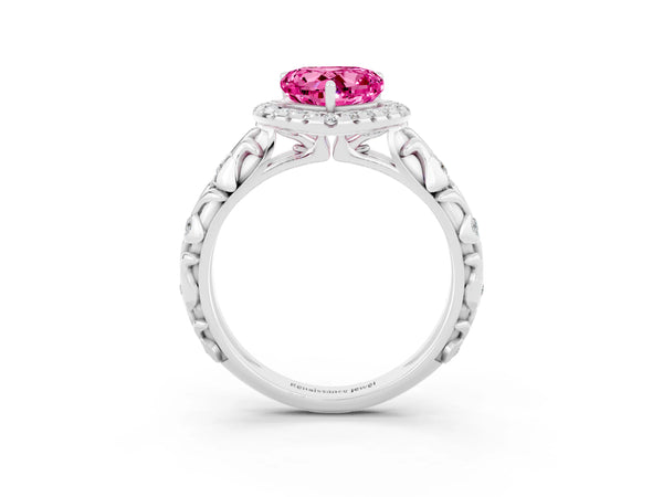 Silver Heart Cut Pink Sapphire Halo Ring with Filigree Band and Prong Setting