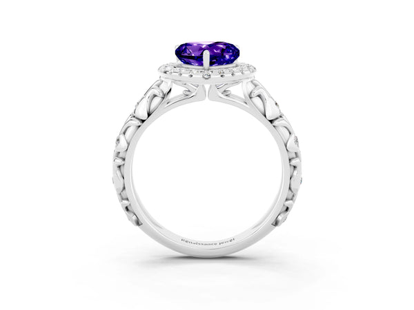 White gold Heart Cut Tanzanite Halo Ring with Filigree Band and Prong Setting