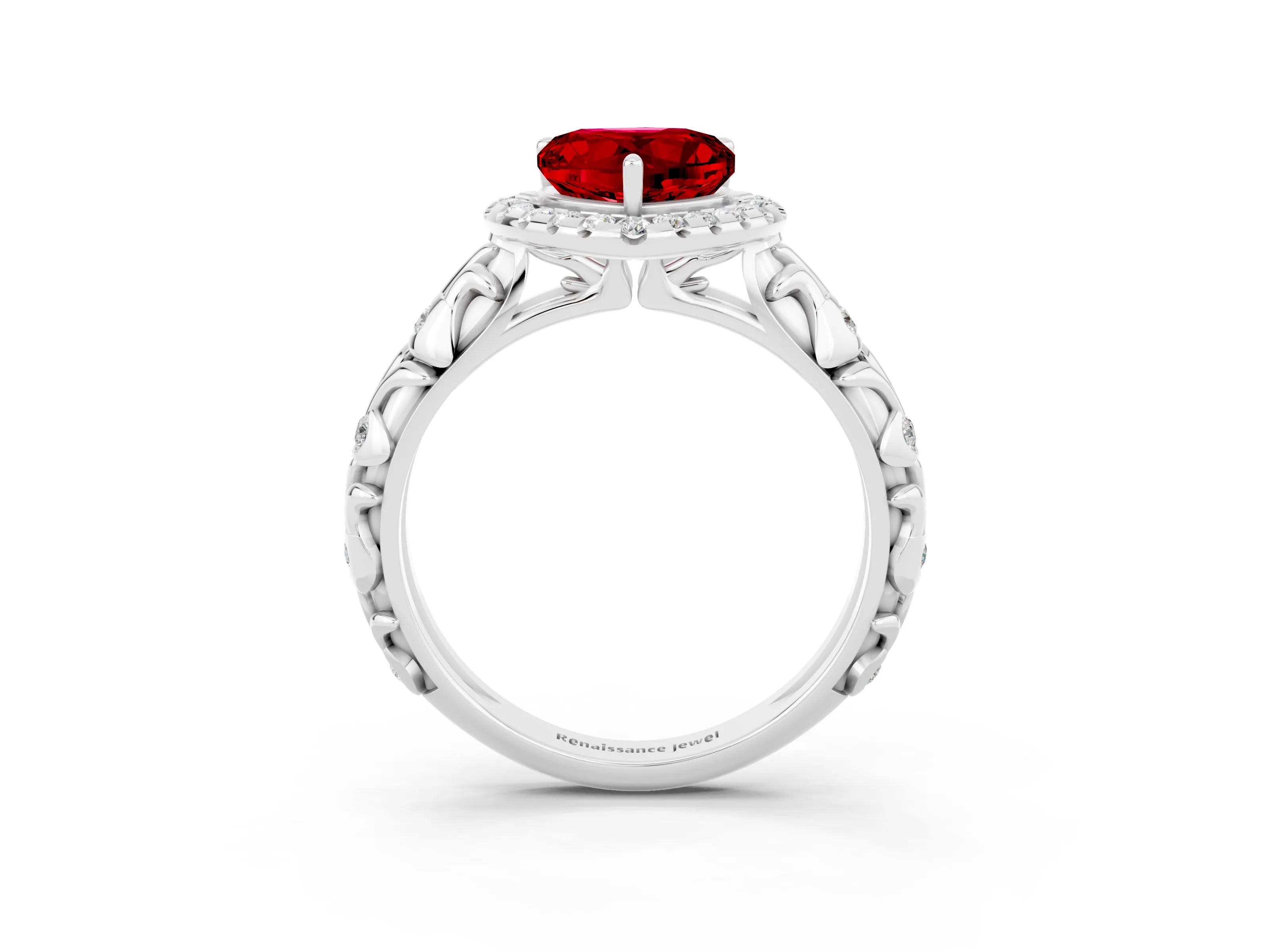 White gold Heart Cut Halo Diamond Solitaire with Filigree Band and Four-Prong Setting_3