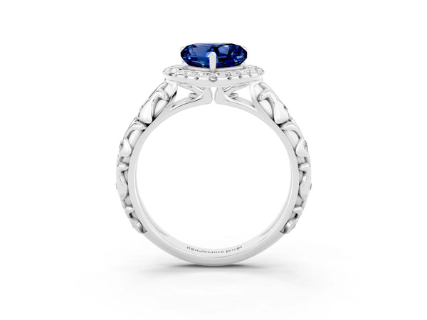 Platinum Heart Cut Blue Sapphire Halo Ring with Filigree Band and Prong Setting