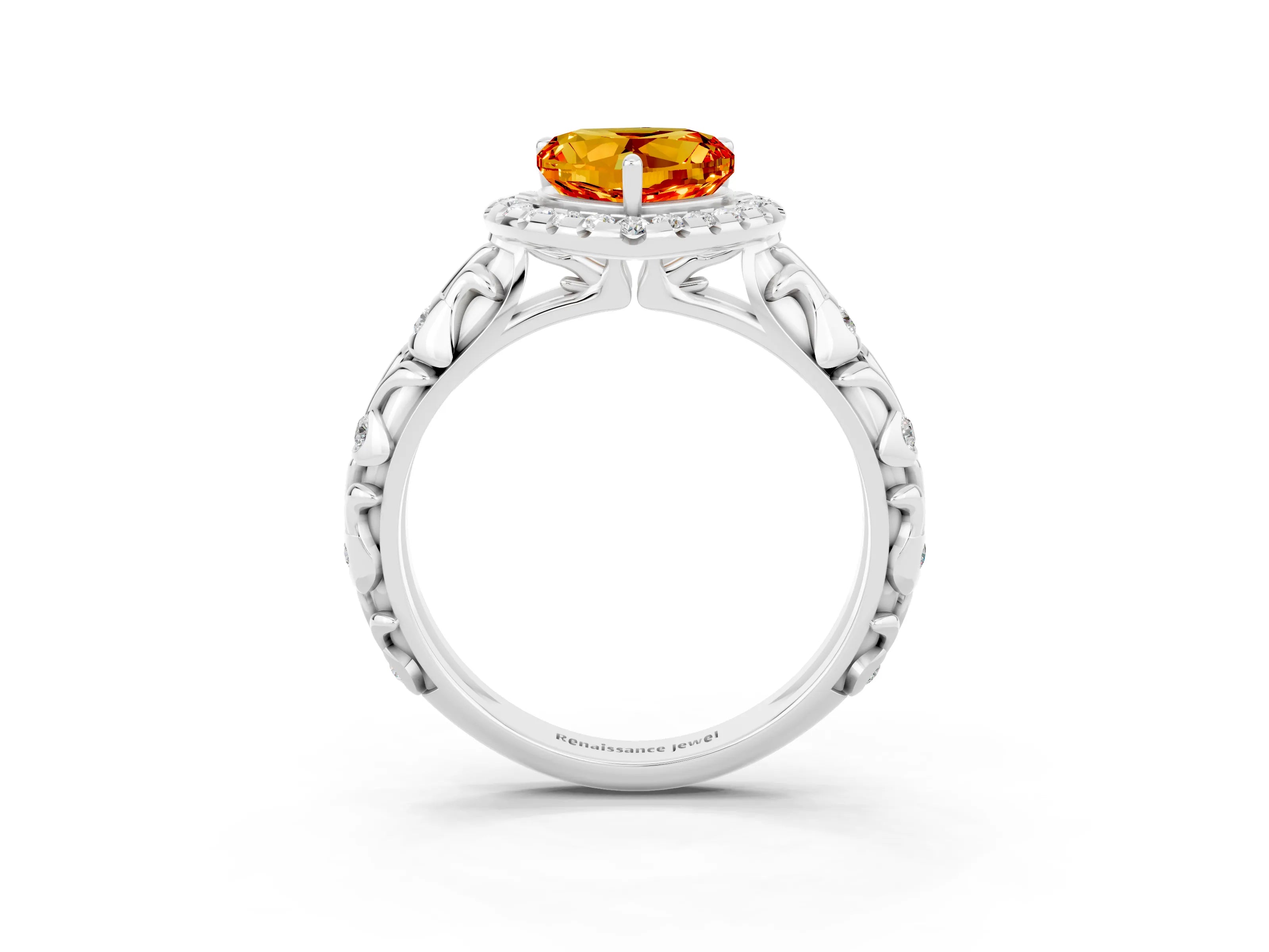 White gold Heart Cut Halo Diamond Solitaire with Filigree Band and Four-Prong Setting_3