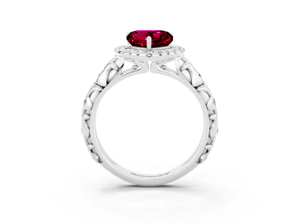 Silver Heart Cut Garnet Halo Ring with Filigree Band and Prong Setting