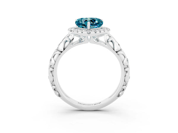 White gold Heart Cut Halo Diamond Solitaire with Filigree Band and Four-Prong Setting