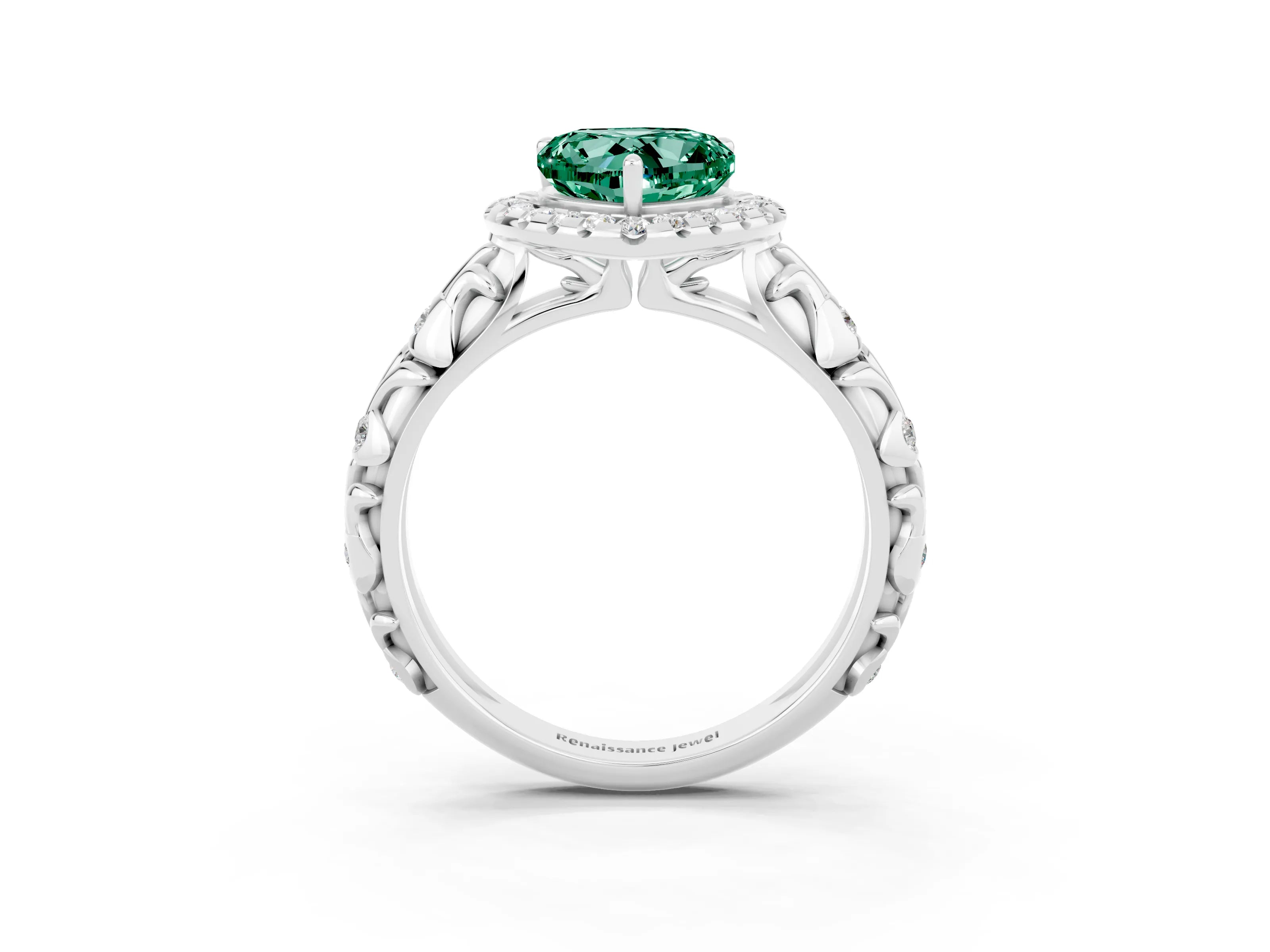 White gold Heart Cut Halo Diamond Solitaire with Filigree Band and Four-Prong Setting_3
