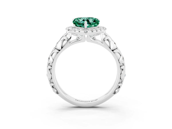 Silver Heart Cut Green Sapphire Halo Ring with Filigree Band and Prong Setting