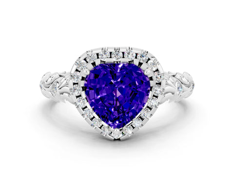 White gold Heart Cut Halo Diamond Solitaire with Filigree Band and Four-Prong Setting
