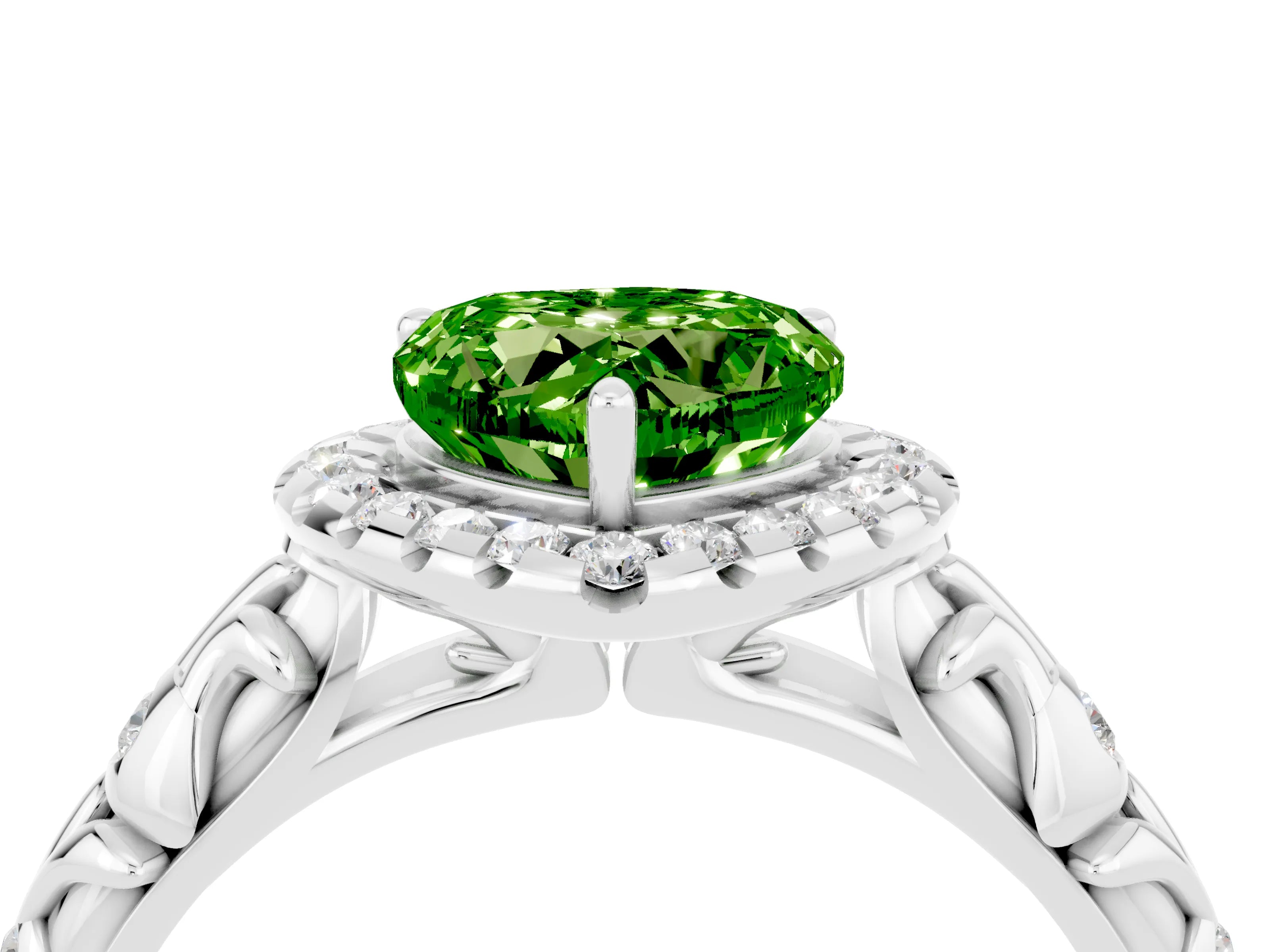 White gold Heart Cut Halo Diamond Solitaire with Filigree Band and Four-Prong Setting_4