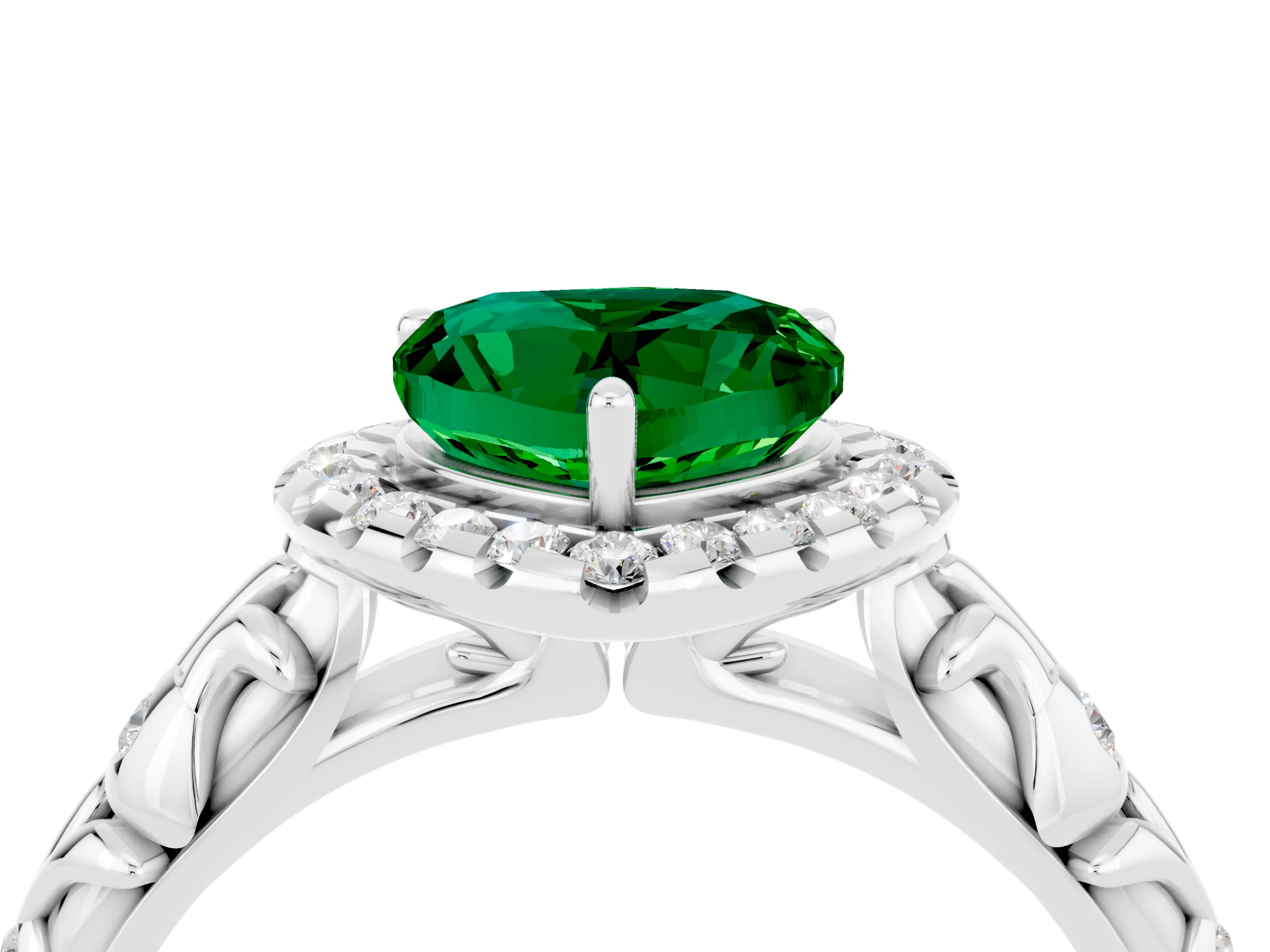 White gold Heart Cut Halo Diamond Solitaire with Filigree Band and Four-Prong Setting_4