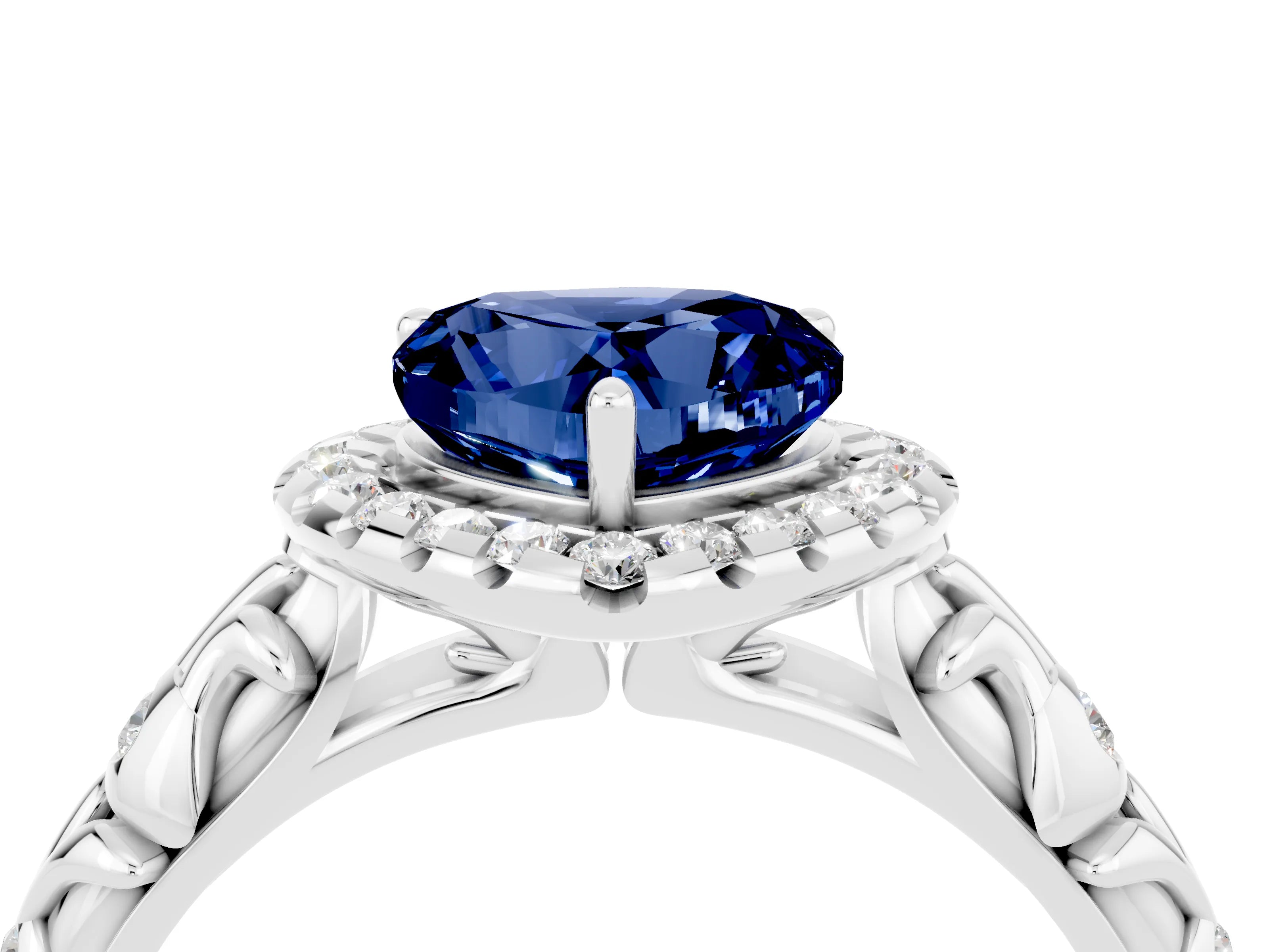 White gold Heart Cut Halo Diamond Solitaire with Filigree Band and Four-Prong Setting_4