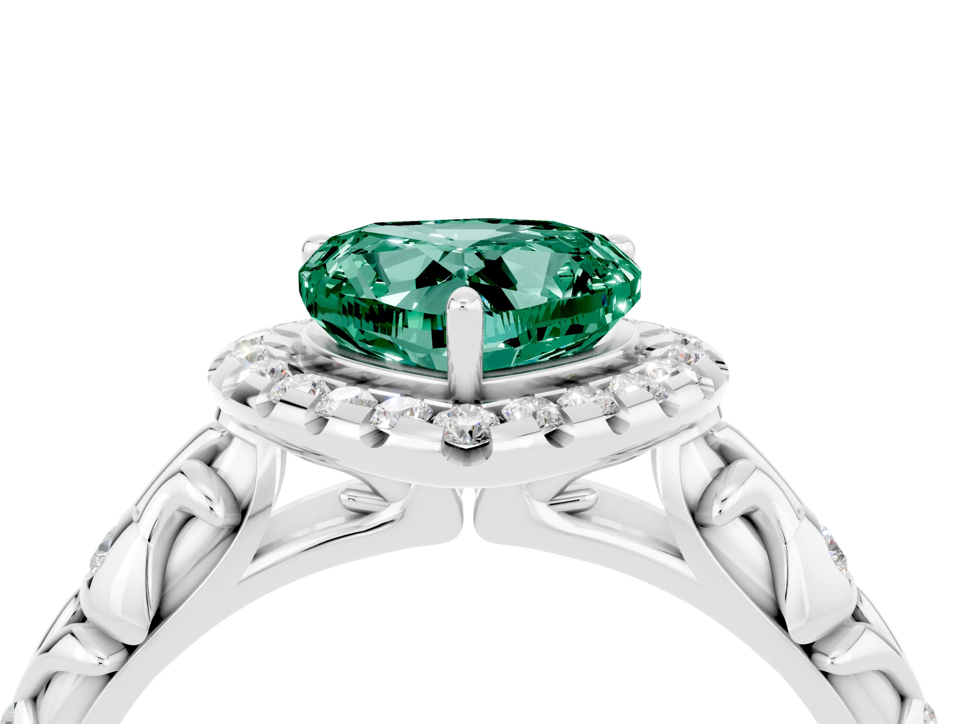 White gold Heart Cut Halo Diamond Solitaire with Filigree Band and Four-Prong Setting_4