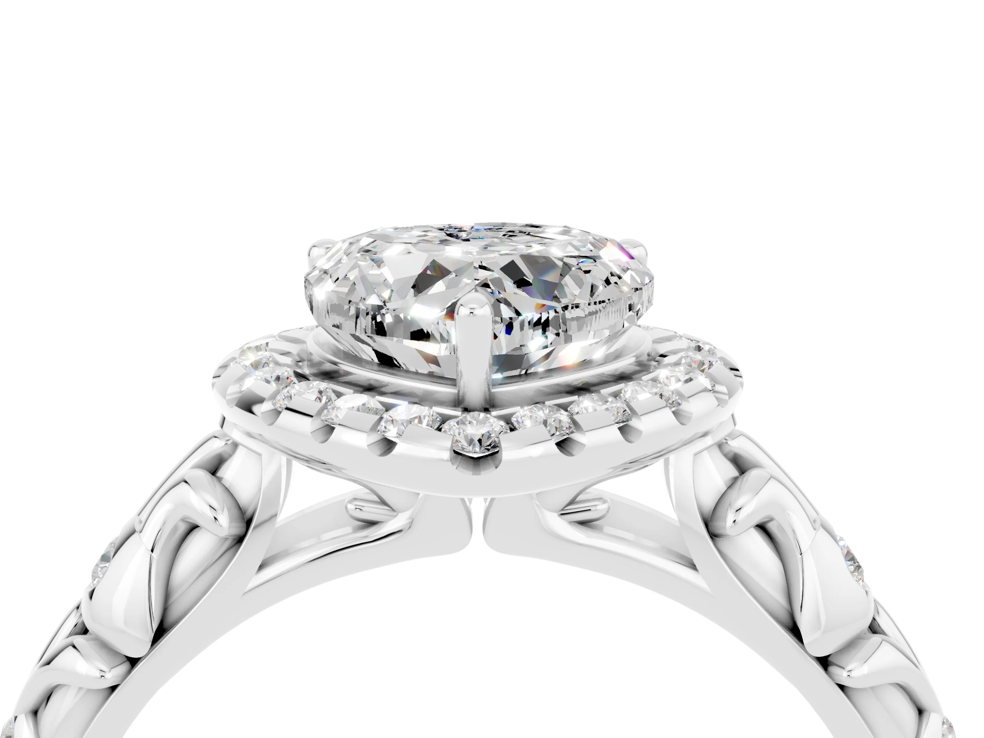 White gold Heart Cut Halo Diamond Solitaire with Filigree Band and Four-Prong Setting_4