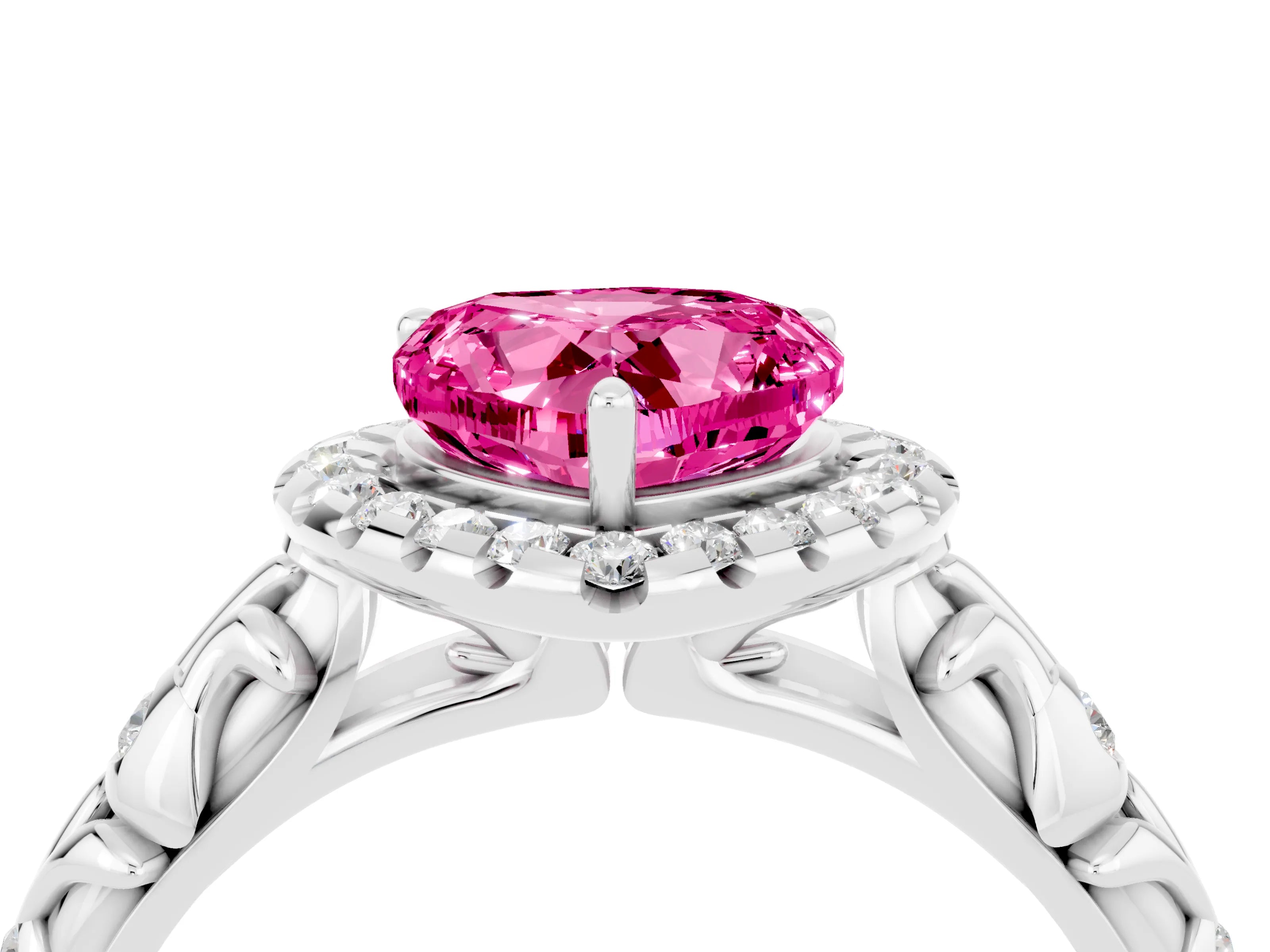 White gold Heart Cut Halo Diamond Solitaire with Filigree Band and Four-Prong Setting_4