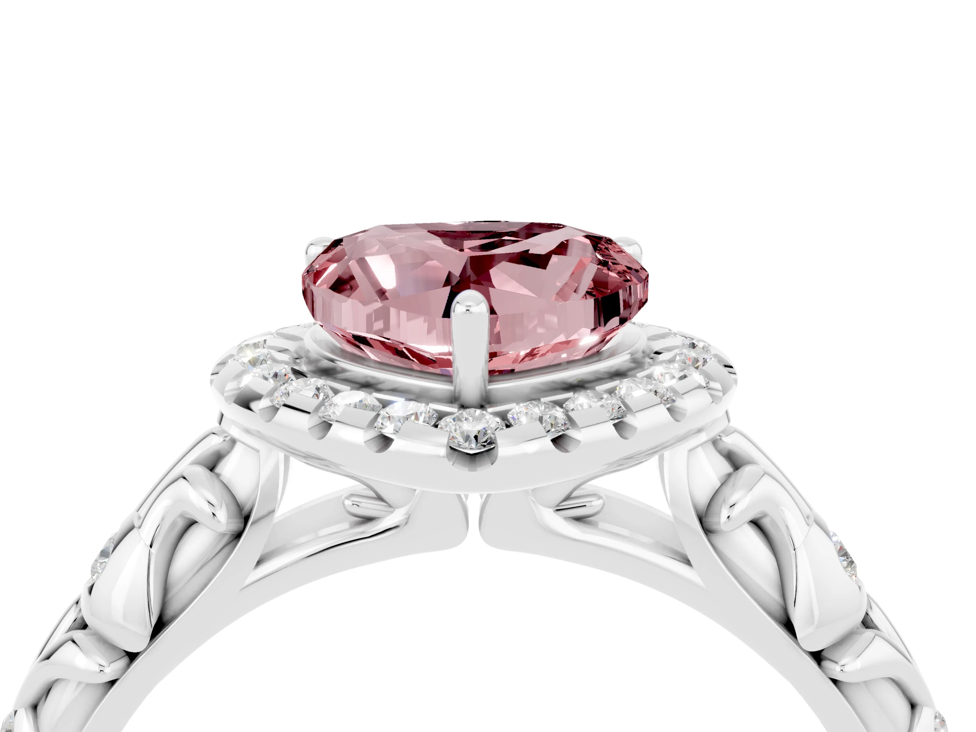 White gold Heart Cut Halo Diamond Solitaire with Filigree Band and Four-Prong Setting_4