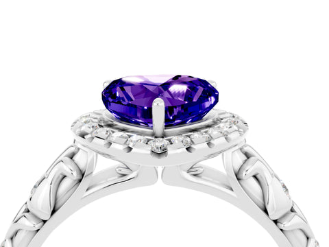 White gold Heart Cut Halo Diamond Solitaire with Filigree Band and Four-Prong Setting_4