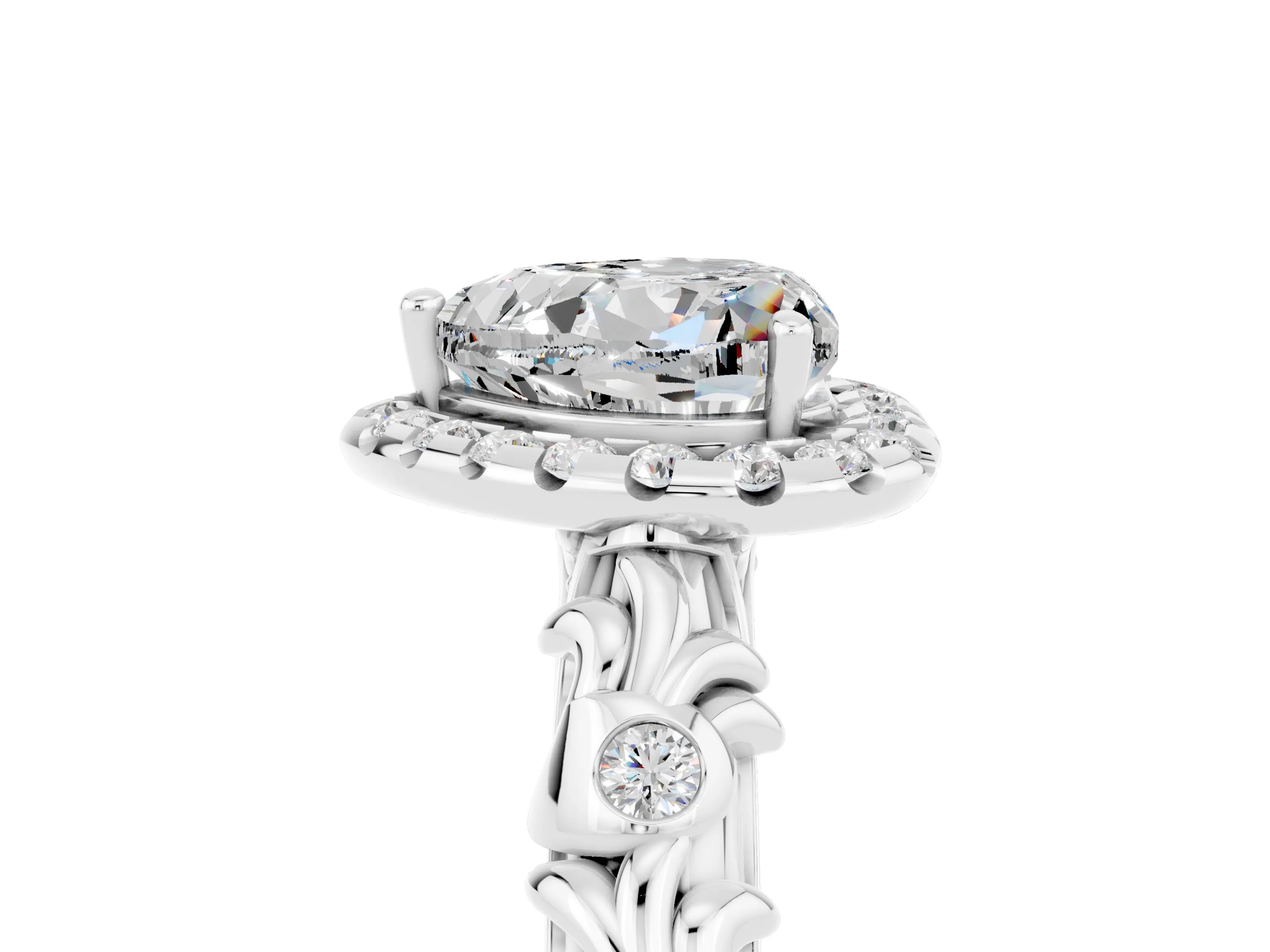 White gold Heart Cut Halo Diamond Solitaire with Filigree Band and Four-Prong Setting_5