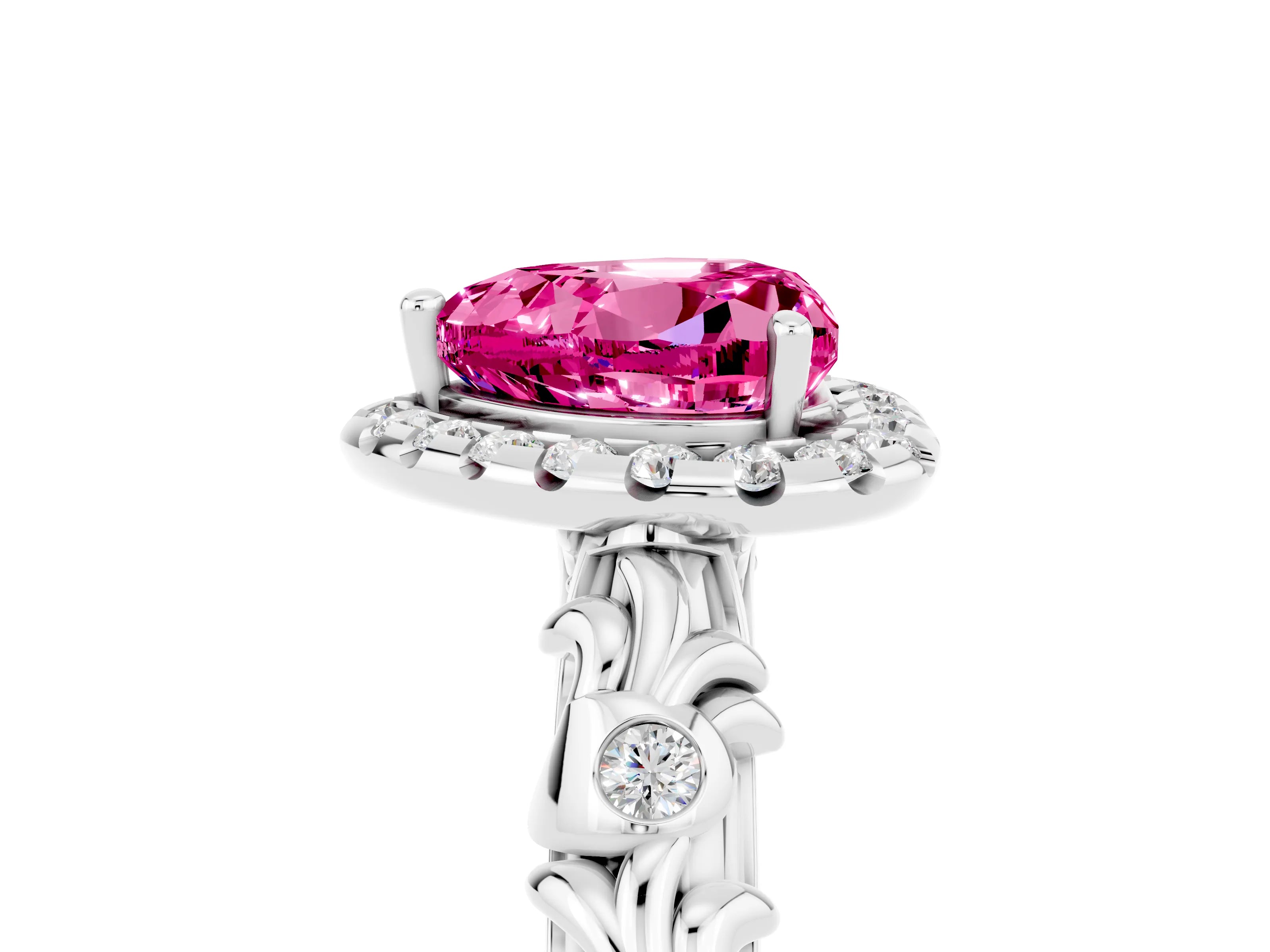 White gold Heart Cut Halo Diamond Solitaire with Filigree Band and Four-Prong Setting_5