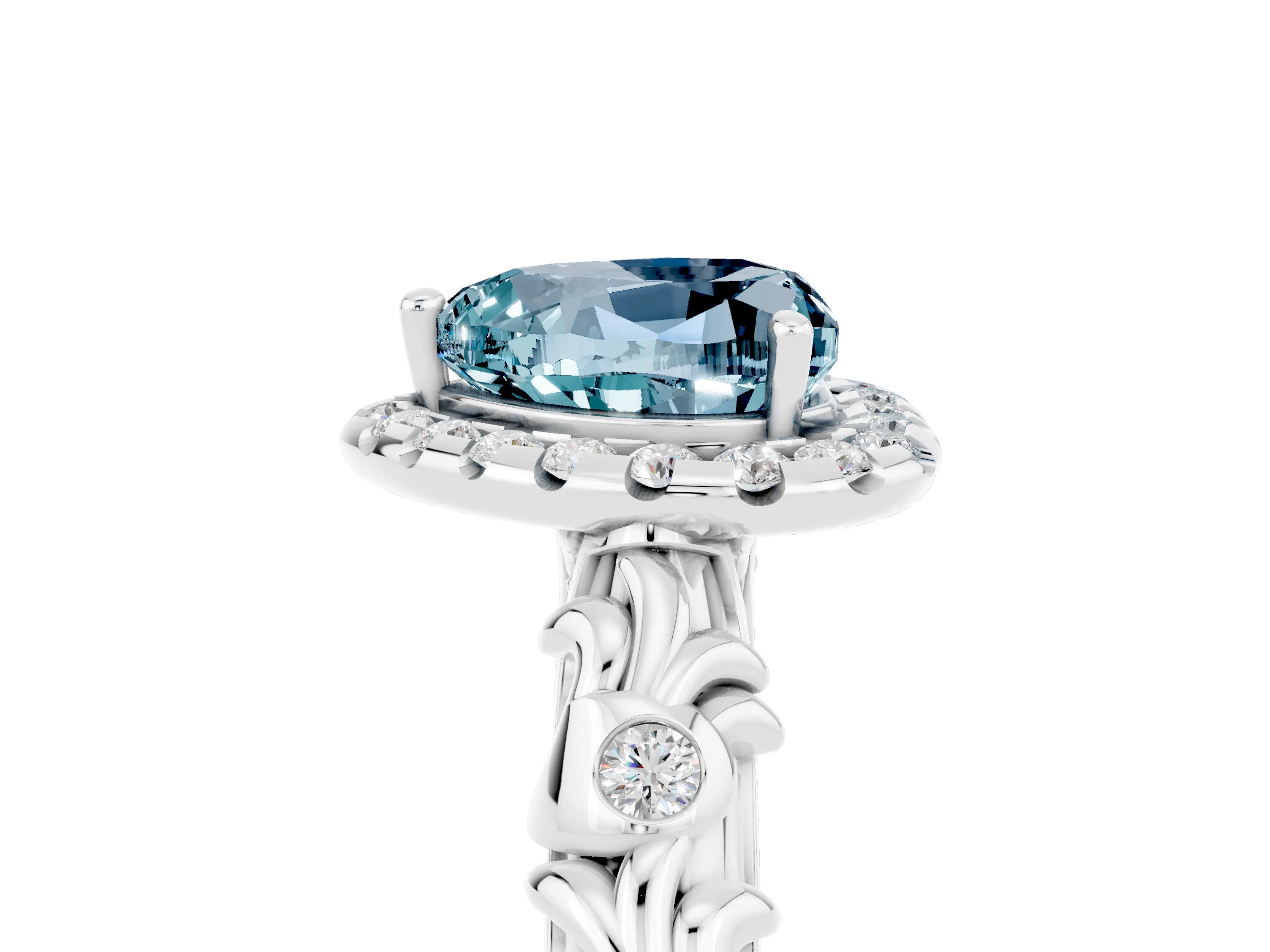 White gold Heart Cut Halo Diamond Solitaire with Filigree Band and Four-Prong Setting_5