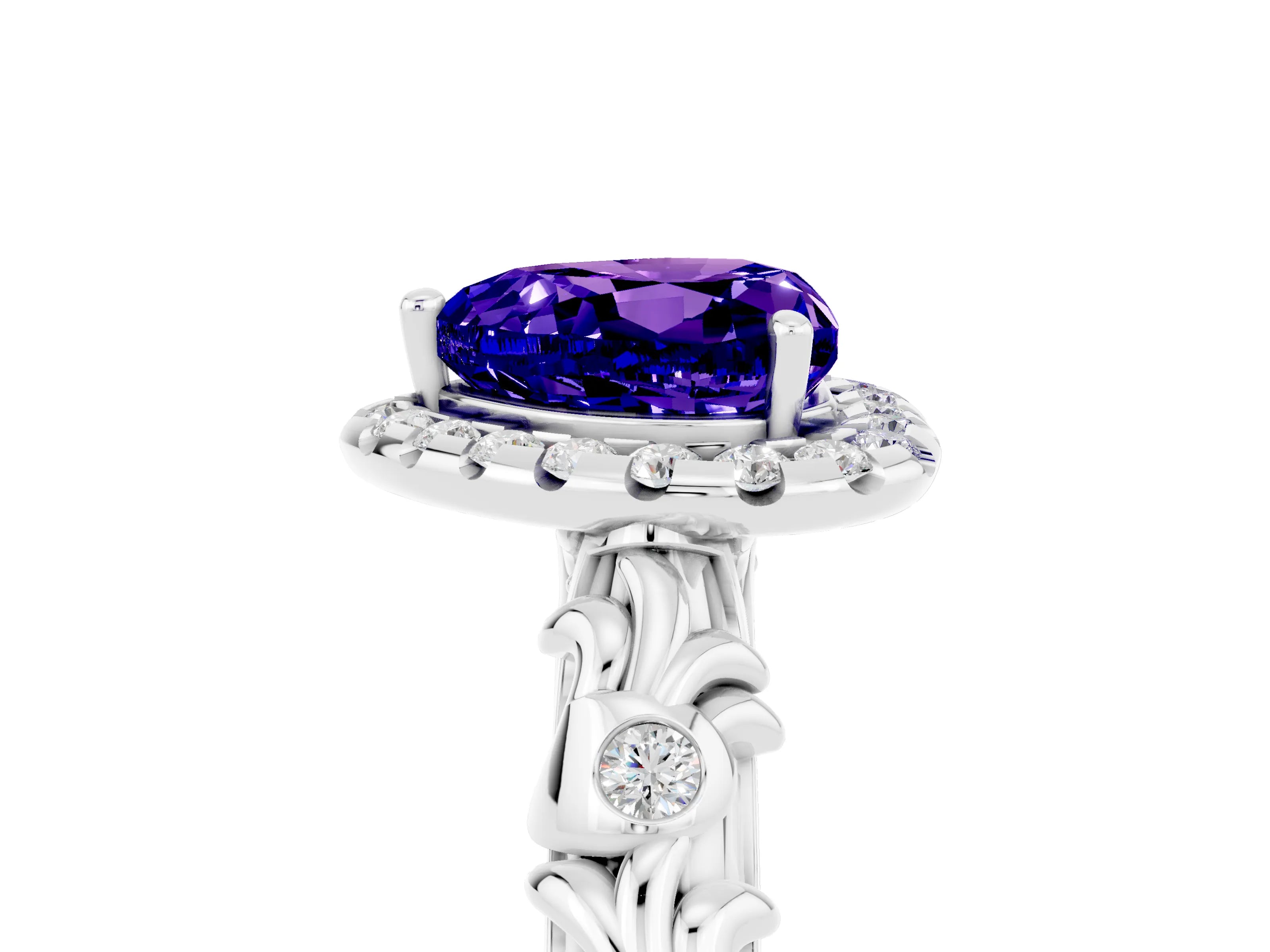 White gold Heart Cut Halo Diamond Solitaire with Filigree Band and Four-Prong Setting_5