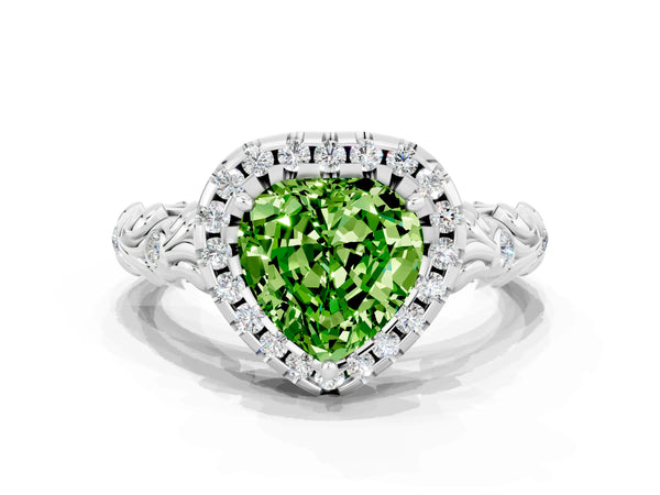 Platinum Heart Cut Peridot Halo Ring with Filigree Band and Prong Setting