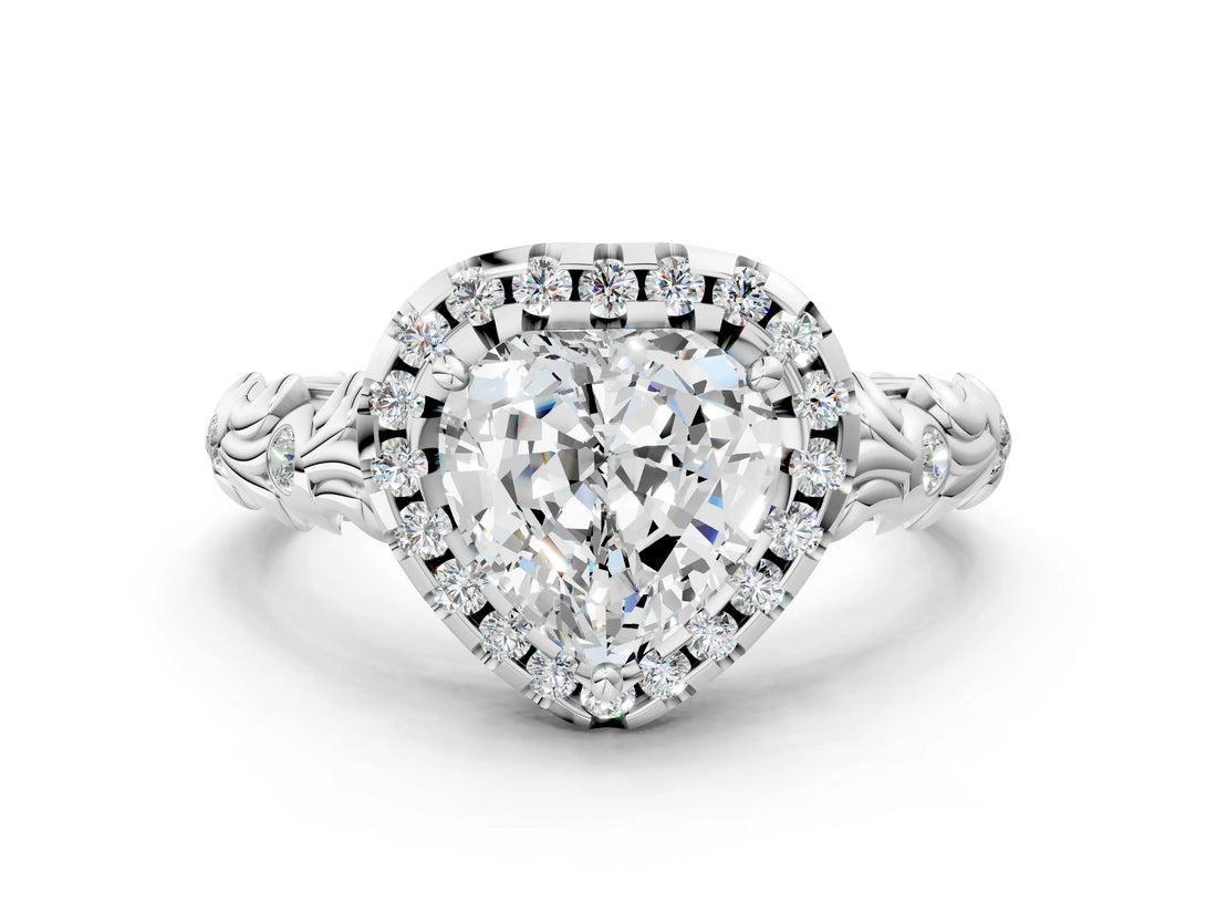 White gold Heart Cut Halo Diamond Solitaire with Filigree Band and Four-Prong Setting_7