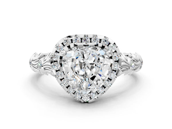 White gold Heart Cut Halo Diamond Solitaire with Filigree Band and Four-Prong Setting