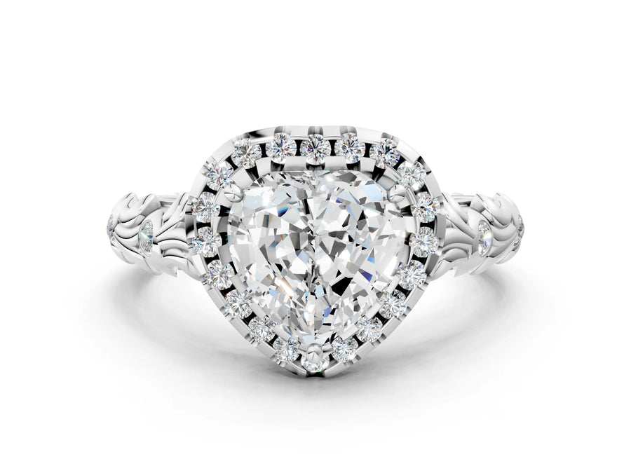 White gold Heart Cut Halo Diamond Solitaire with Filigree Band and Four-Prong Setting