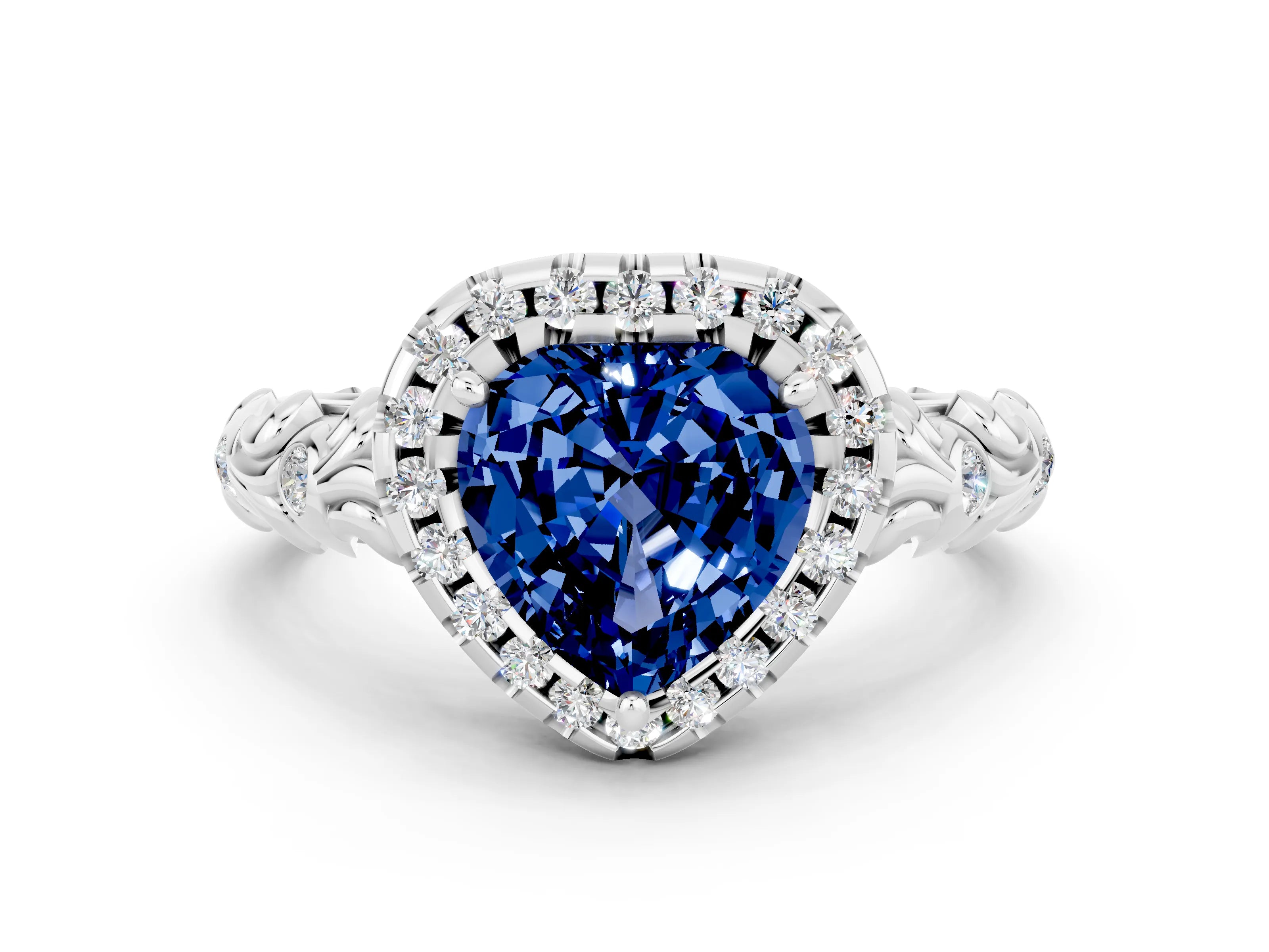 White gold Heart Cut Halo Diamond Solitaire with Filigree Band and Four-Prong Setting