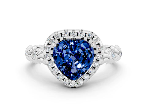 White gold Heart Cut Halo Diamond Solitaire with Filigree Band and Four-Prong Setting