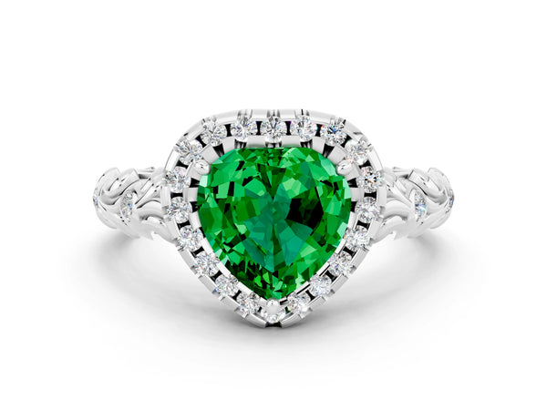 White gold Heart Cut Emerald Halo Ring with Filigree Band and Prong Setting