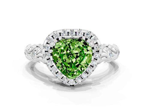 White gold Heart Cut Halo Diamond Solitaire with Filigree Band and Four-Prong Setting