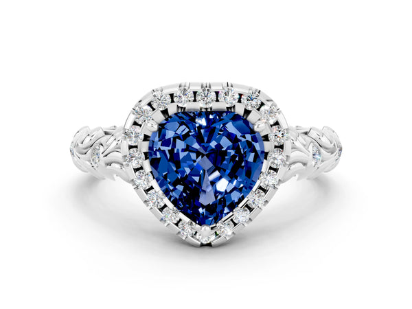 Platinum Heart Cut Blue Sapphire Halo Ring with Filigree Band and Prong Setting