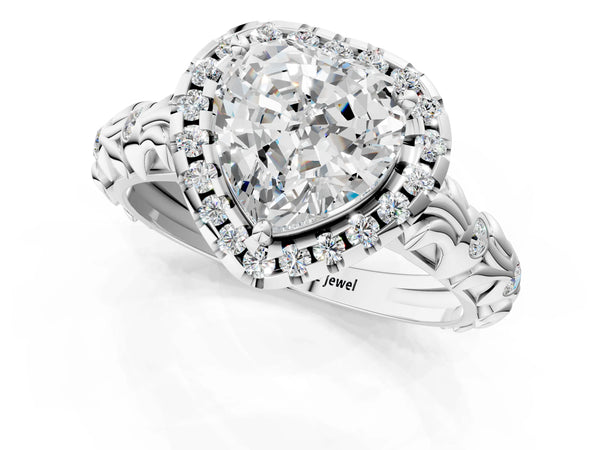 White gold Heart Cut Halo Diamond Solitaire with Filigree Band and Four-Prong Setting