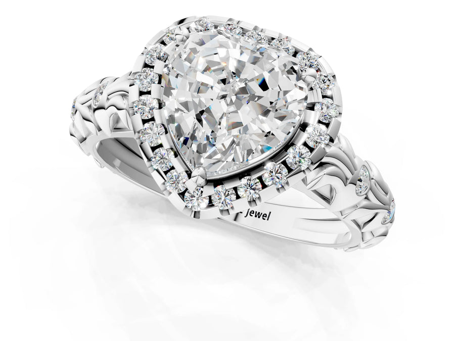 White gold Heart Cut Halo Diamond Solitaire with Filigree Band and Four-Prong Setting