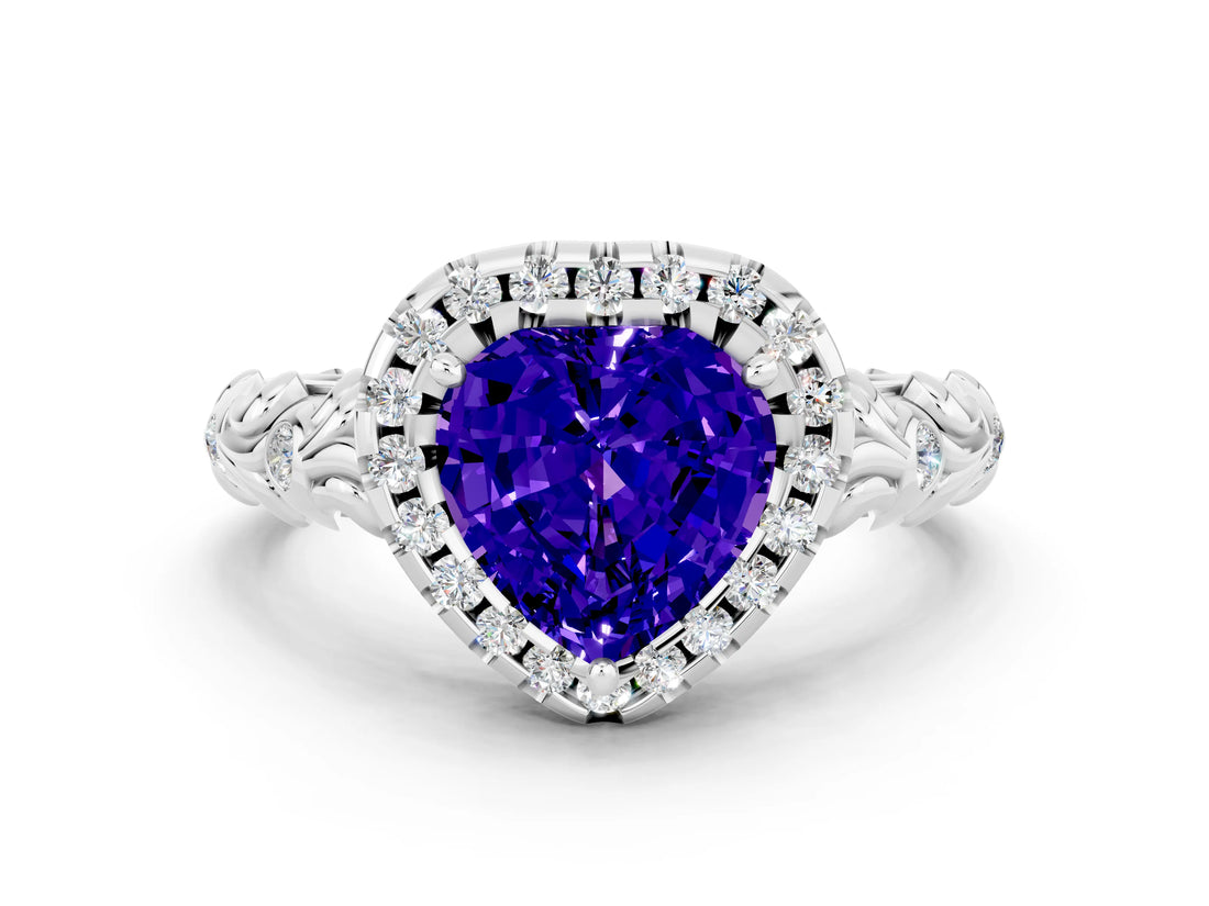 White gold Heart Cut Halo Diamond Solitaire with Filigree Band and Four-Prong Setting