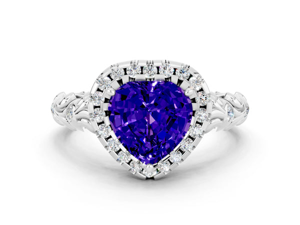 Silver Heart Cut Tanzanite Halo Ring with Filigree Band and Prong Setting