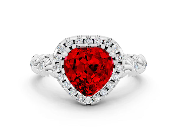 Platinum Heart Cut Ruby Halo Ring with Filigree Band and Prong Setting