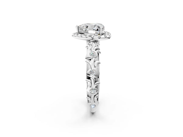 White gold Heart Cut Halo Diamond Solitaire with Filigree Band and Four-Prong Setting