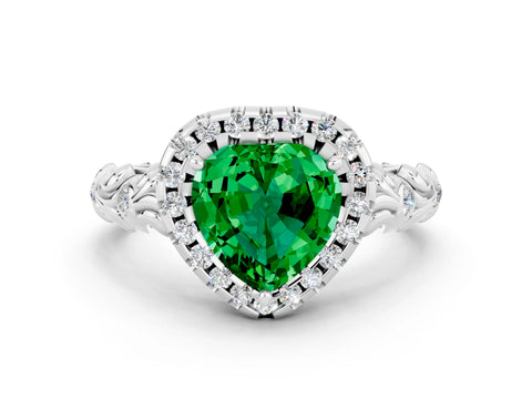 White gold Heart Cut Halo Diamond Solitaire with Filigree Band and Four-Prong Setting