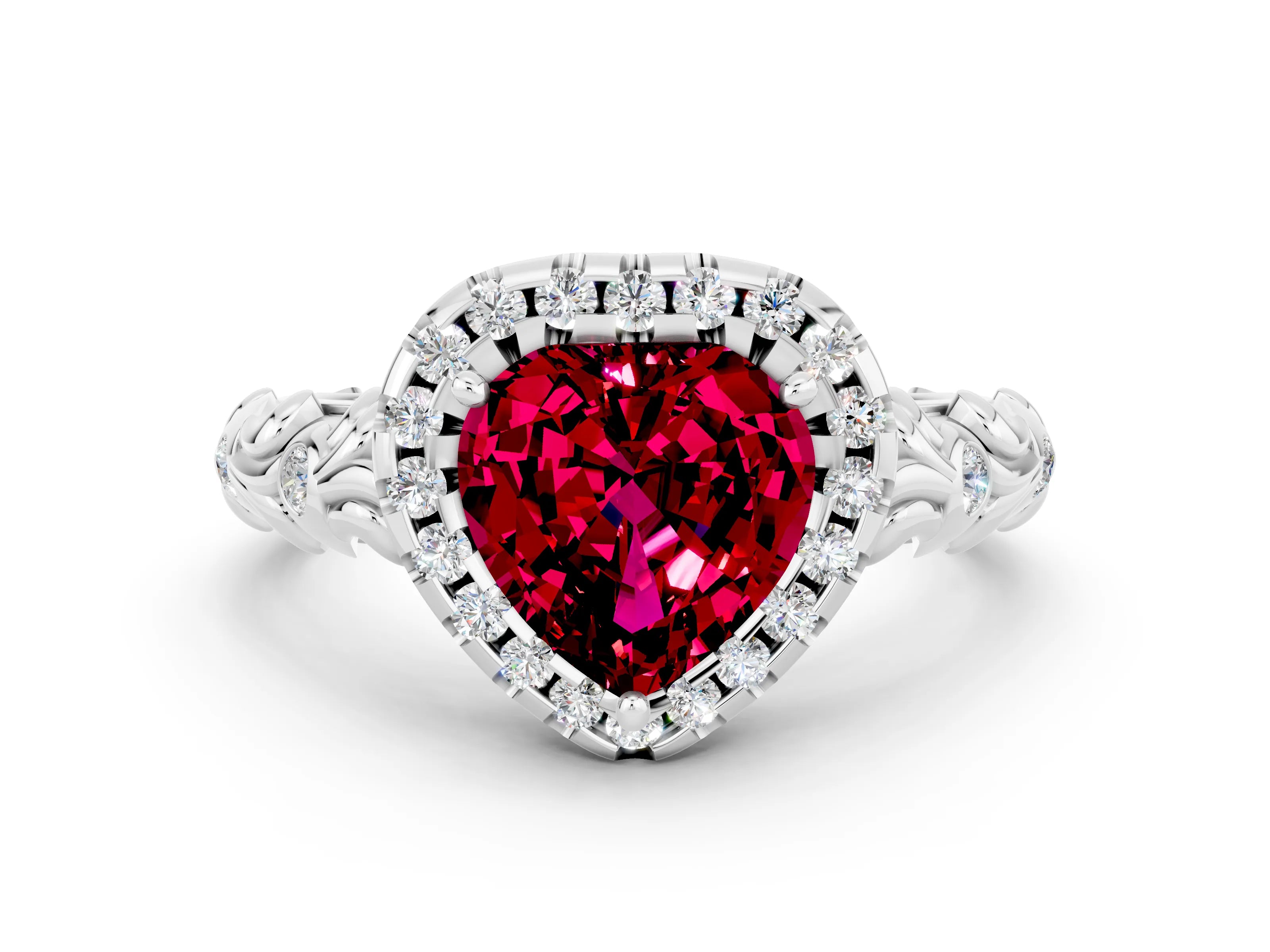 White gold Heart Cut Halo Diamond Solitaire with Filigree Band and Four-Prong Setting