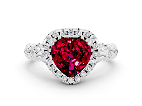 White gold Heart Cut Halo Diamond Solitaire with Filigree Band and Four-Prong Setting