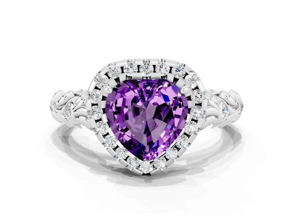 Silver Heart Cut Amethyst Halo Ring with Filigree Band and Prong Setting