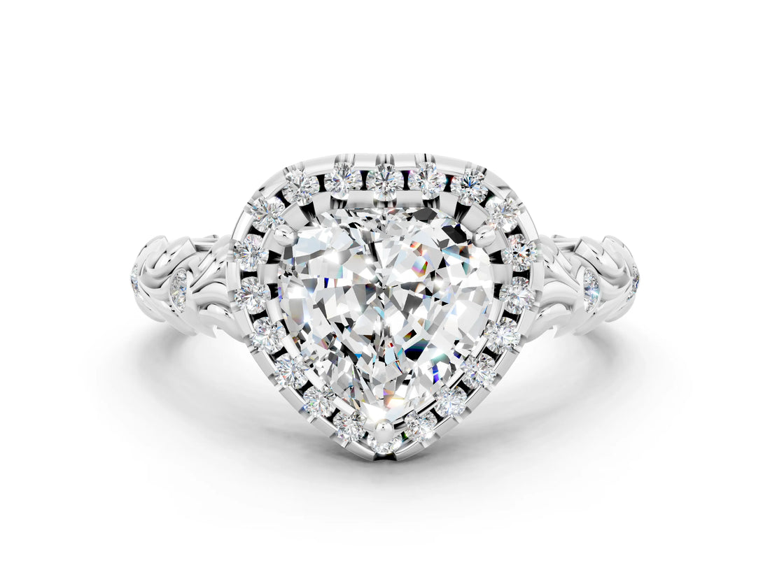 White gold Heart Cut Halo Diamond Solitaire with Filigree Band and Four-Prong Setting