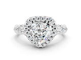 White gold Heart Cut Halo Diamond Solitaire with Filigree Band and Four-Prong Setting