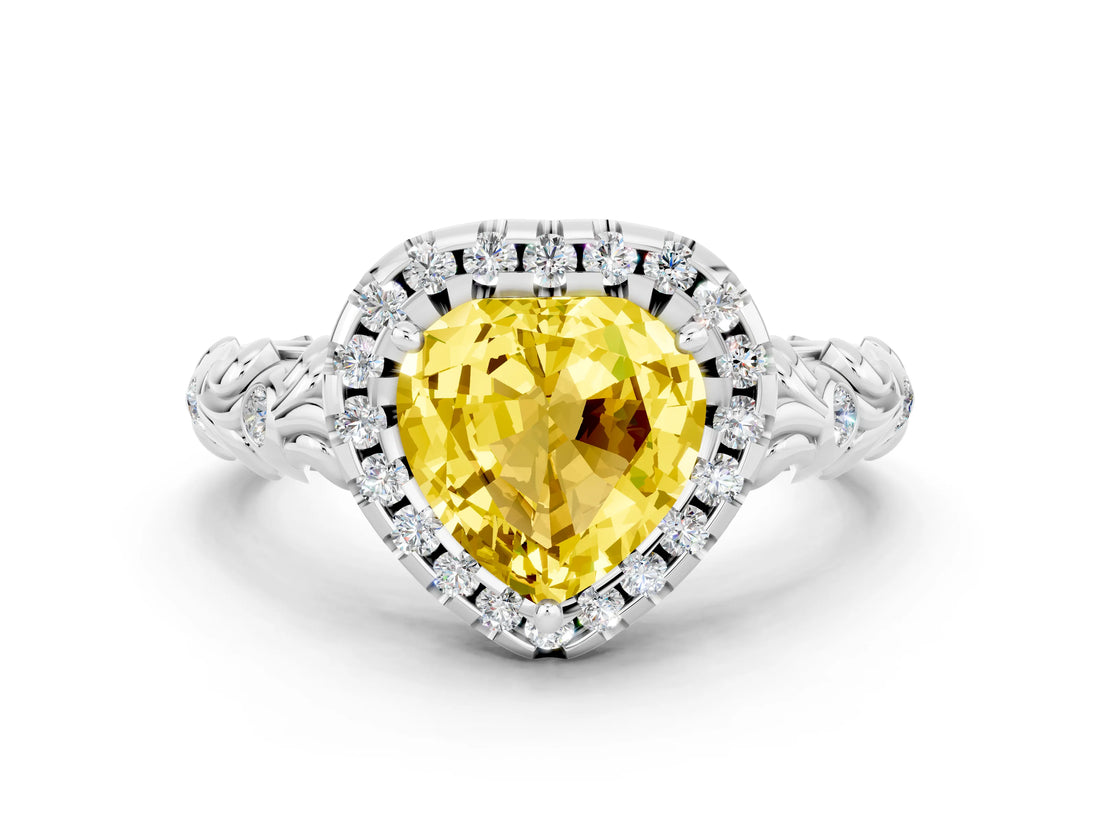 White gold Heart Cut Halo Diamond Solitaire with Filigree Band and Four-Prong Setting