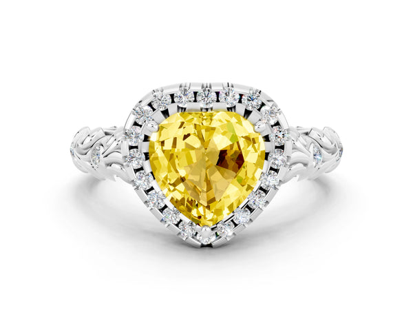 Silver Heart Cut Yellow Sapphire Halo Ring with Filigree Band and Prong Setting