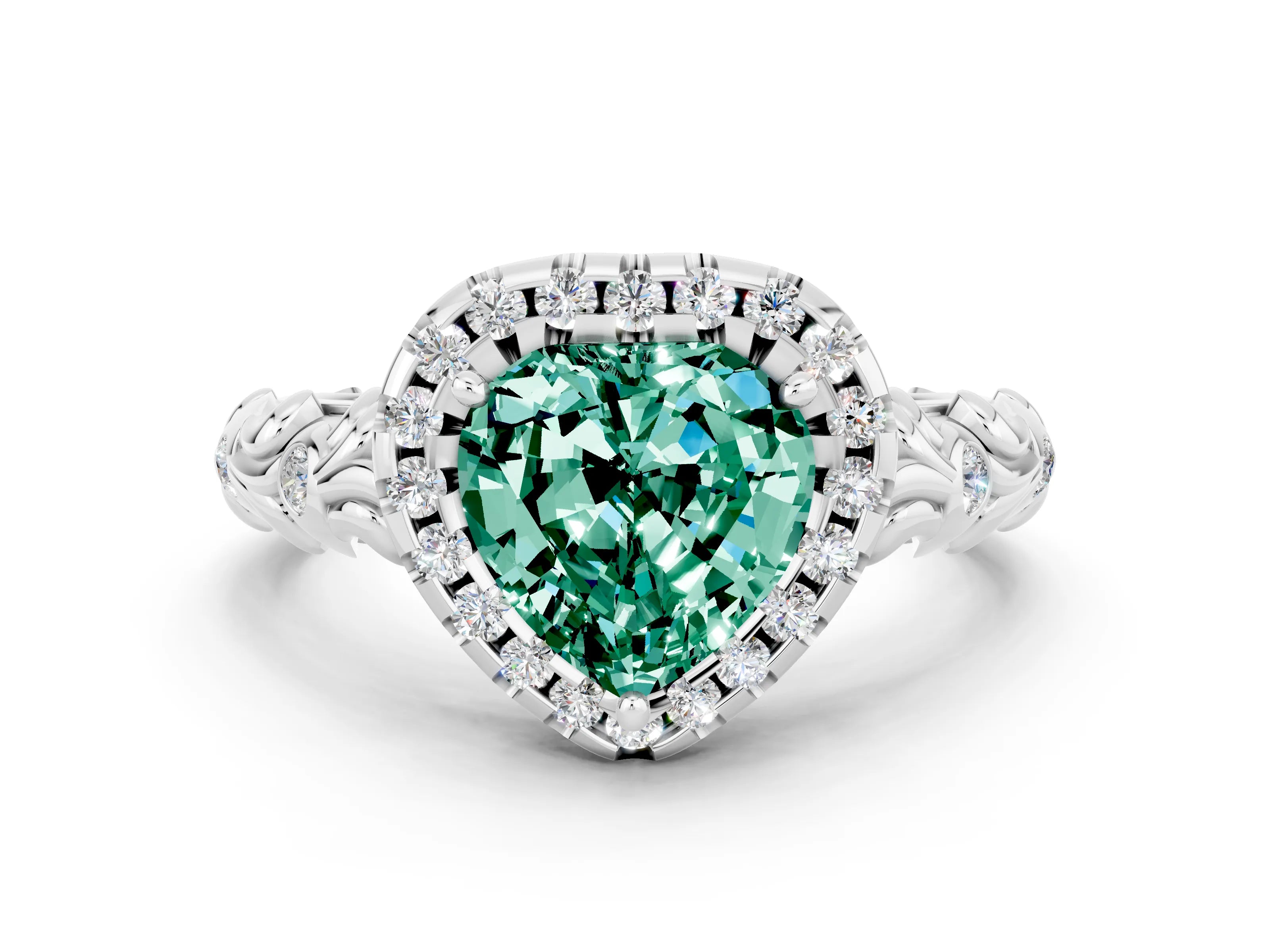 White gold Heart Cut Halo Diamond Solitaire with Filigree Band and Four-Prong Setting