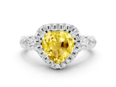 White gold Heart Cut Halo Diamond Solitaire with Filigree Band and Four-Prong Setting